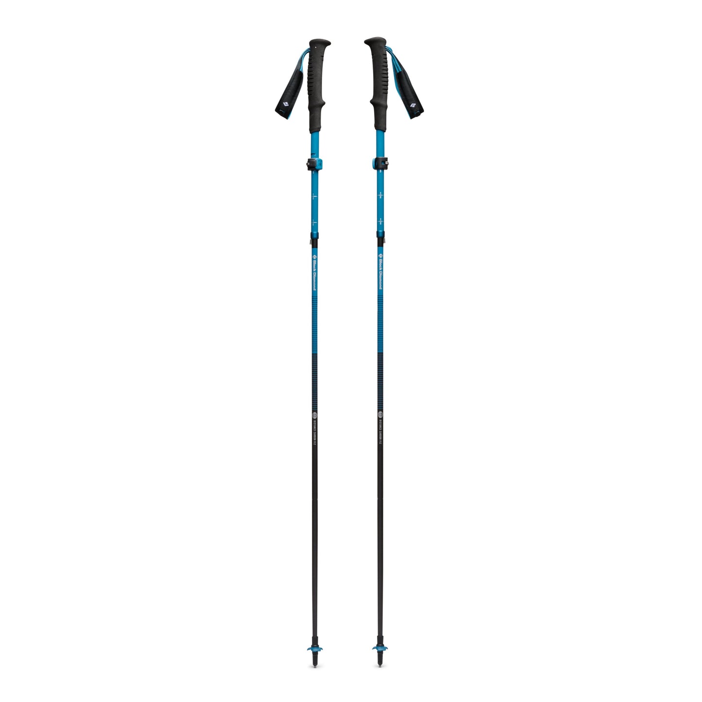Black Diamond Distance Carbon FLZ Trekking Poles in Ultra Blue showing collapsed and extended configurations
