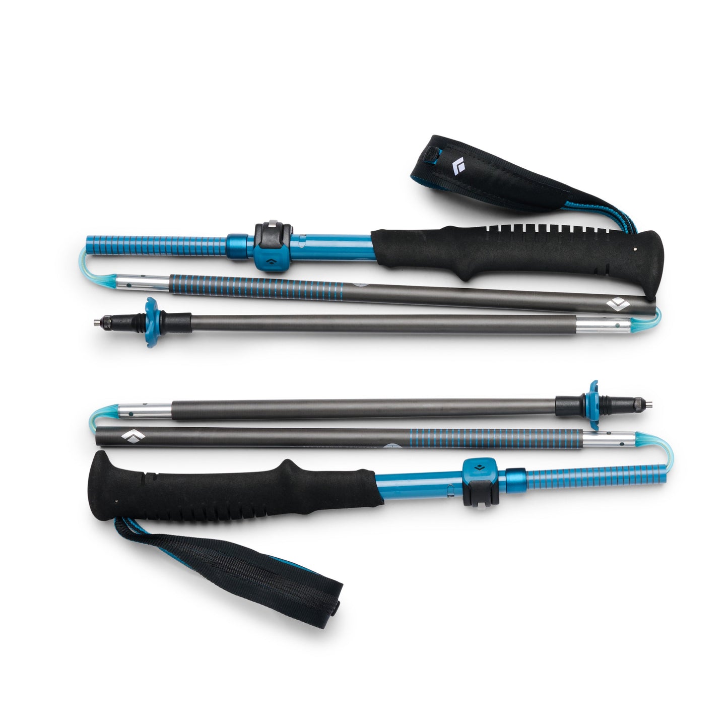 Black Diamond Distance Carbon FLZ Trekking Poles in Ultra Blue showing collapsed and extended configurations