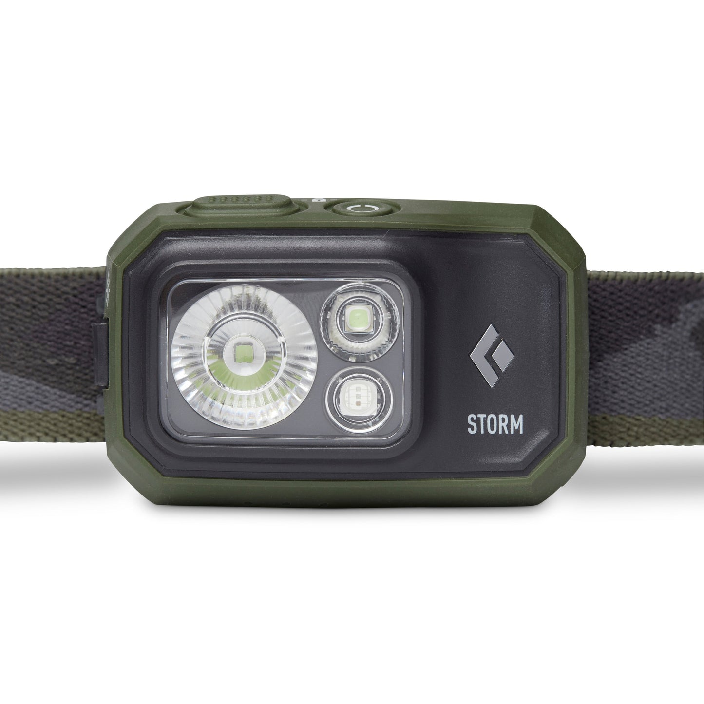 Black Diamond Storm 450 Headlamp in Dark Olive with multiple LED lights and adjustable strap