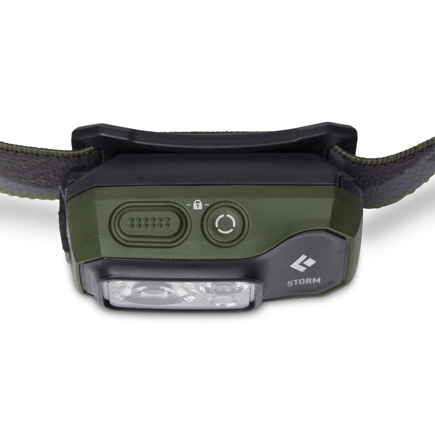 Black Diamond Storm 450 Headlamp in Dark Olive showing front view with LED lights and control buttons