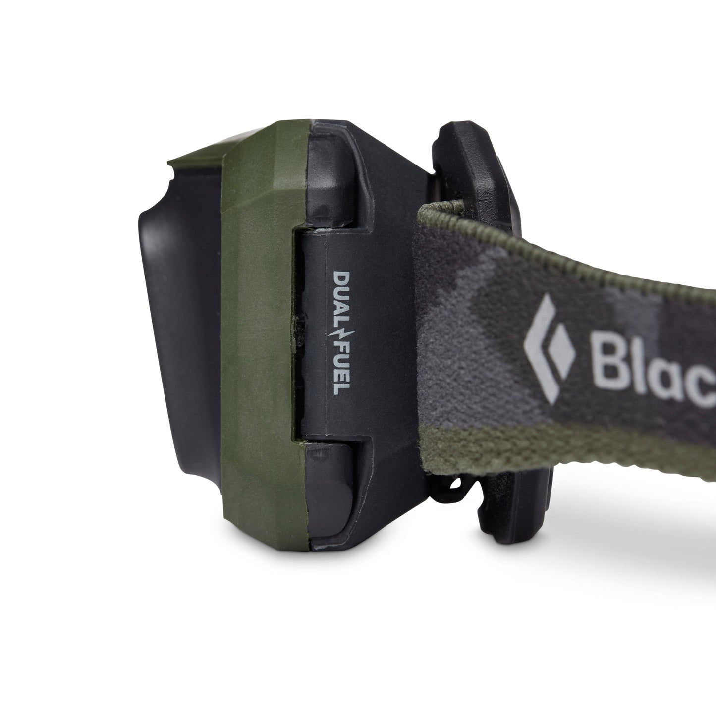 Black Diamond Storm 450 Headlamp in Dark Olive showing dual fuel compartment detail