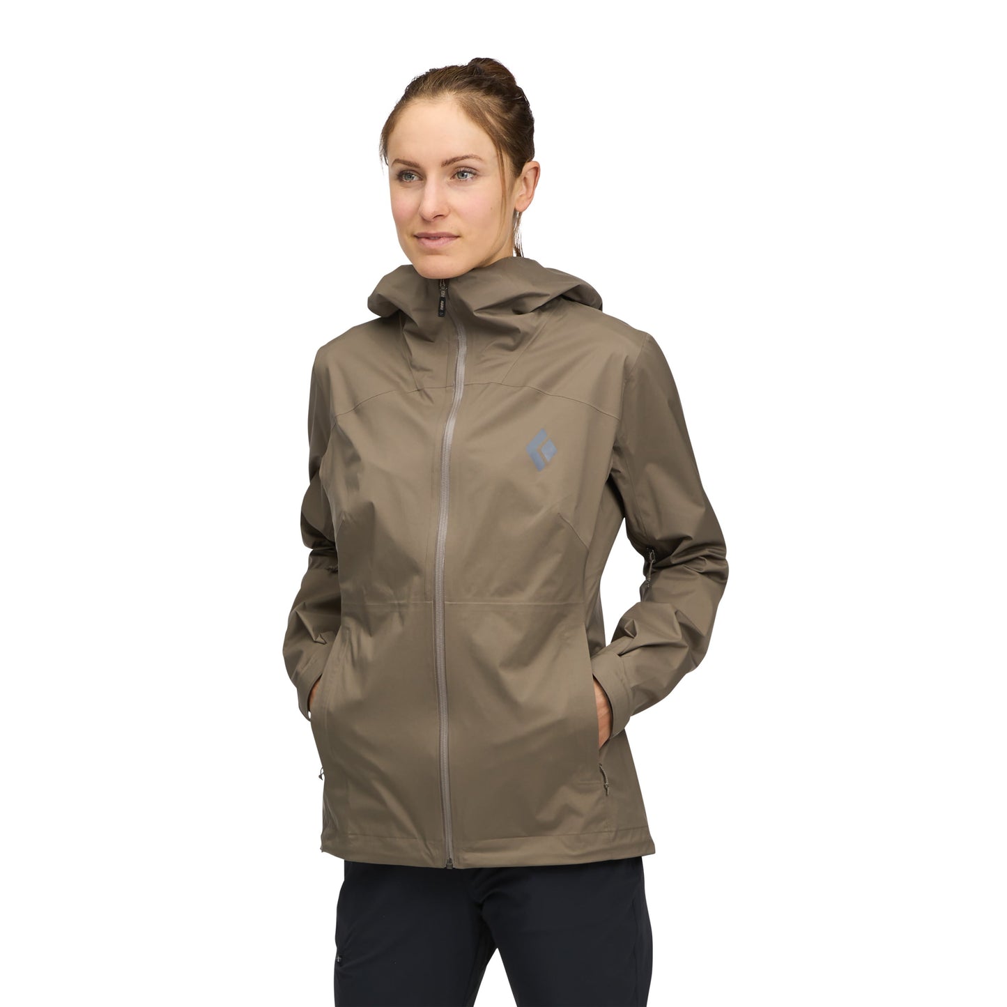 Black Diamond Women's Fineline Stretch Rain Shell in Walnut brown color worn by model