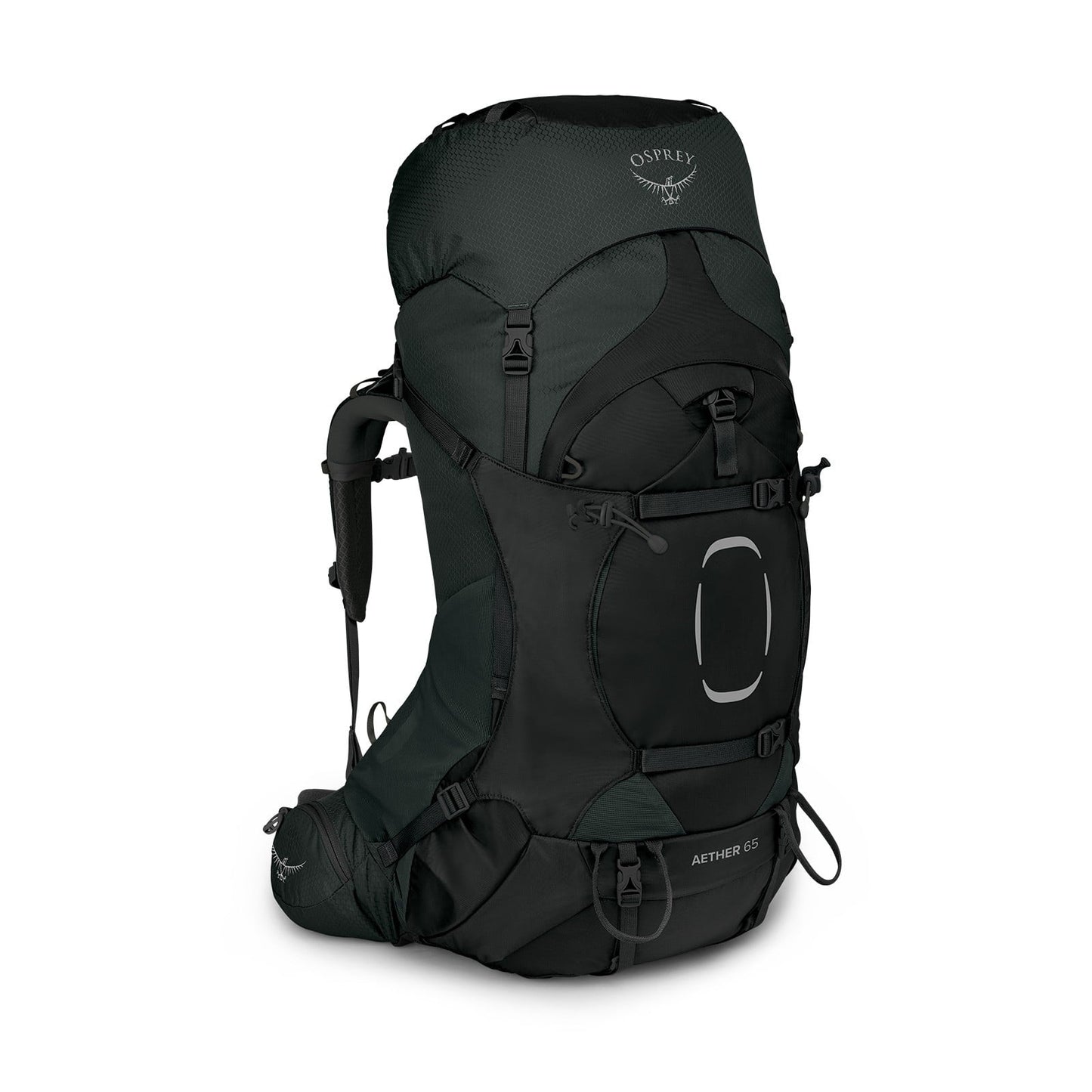 Osprey Packs Aether 65 hiking backpack in black with clean white background