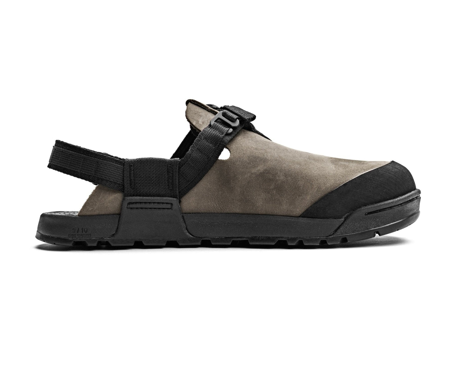 Bedrock Sandals Mountain Clog in Driftwood nubuck leather with black straps and Vibram sole