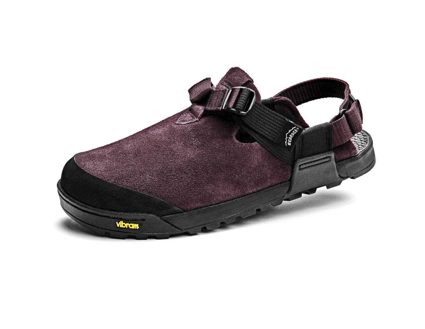 Bedrock Sandals Mountain Clog in Deep Plum suede leather with adjustable straps and Vibram sole