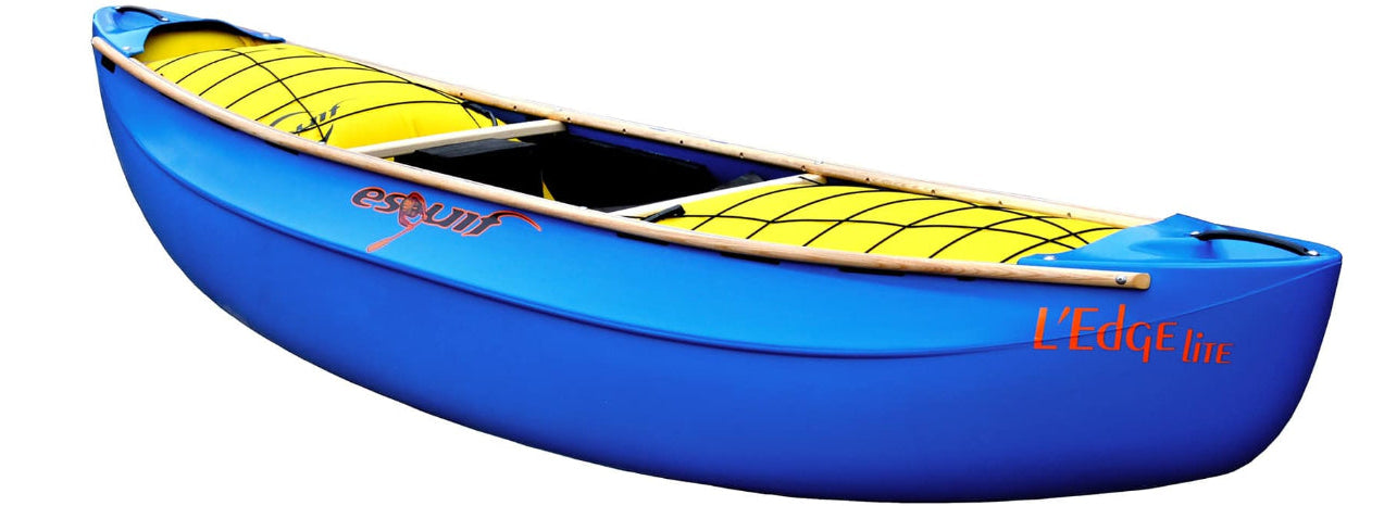 Blue canoe with yellow interior on a white background