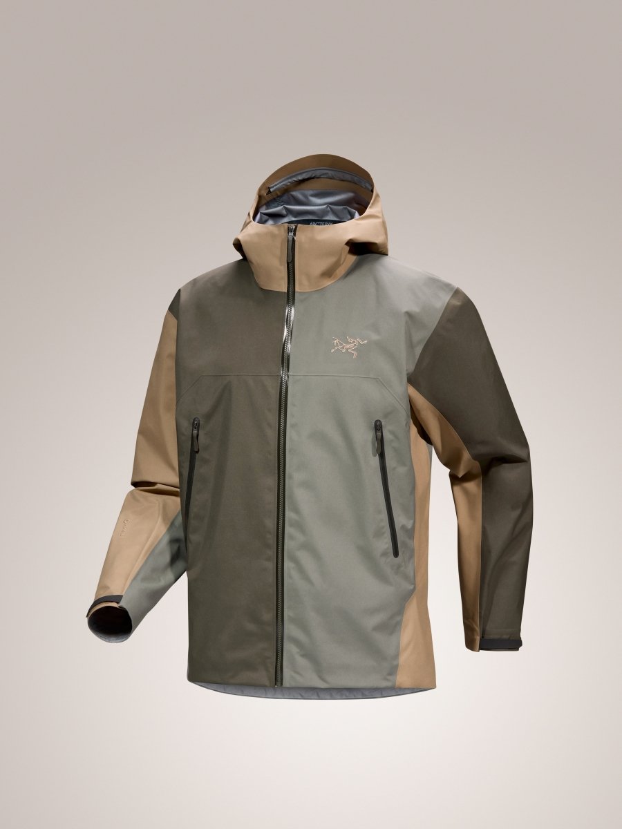 Arc'teryx Beta Jacket Men's in Tatsu colorway featuring olive green, tan and gray colorblock design