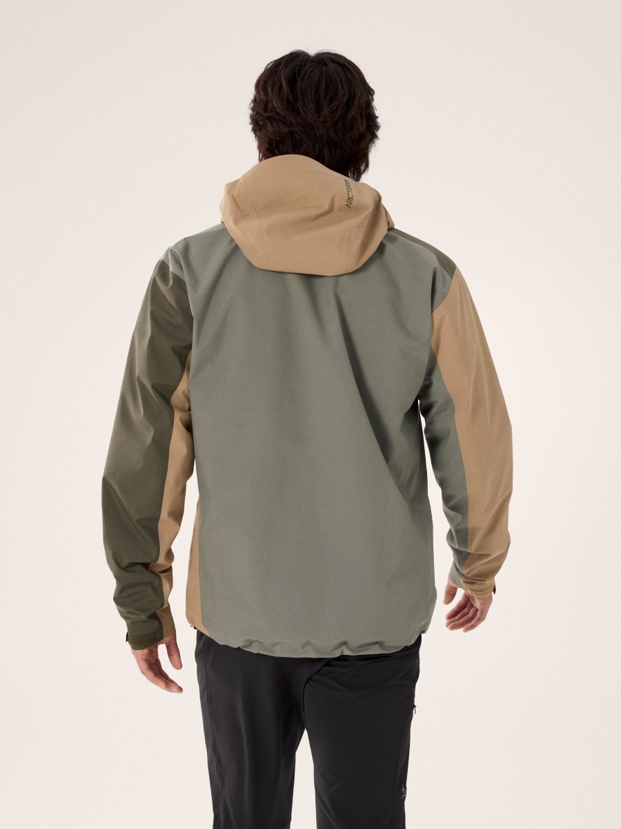 Arc'teryx Beta Jacket Men's back view in Tatsu colorway with tan and olive green panels