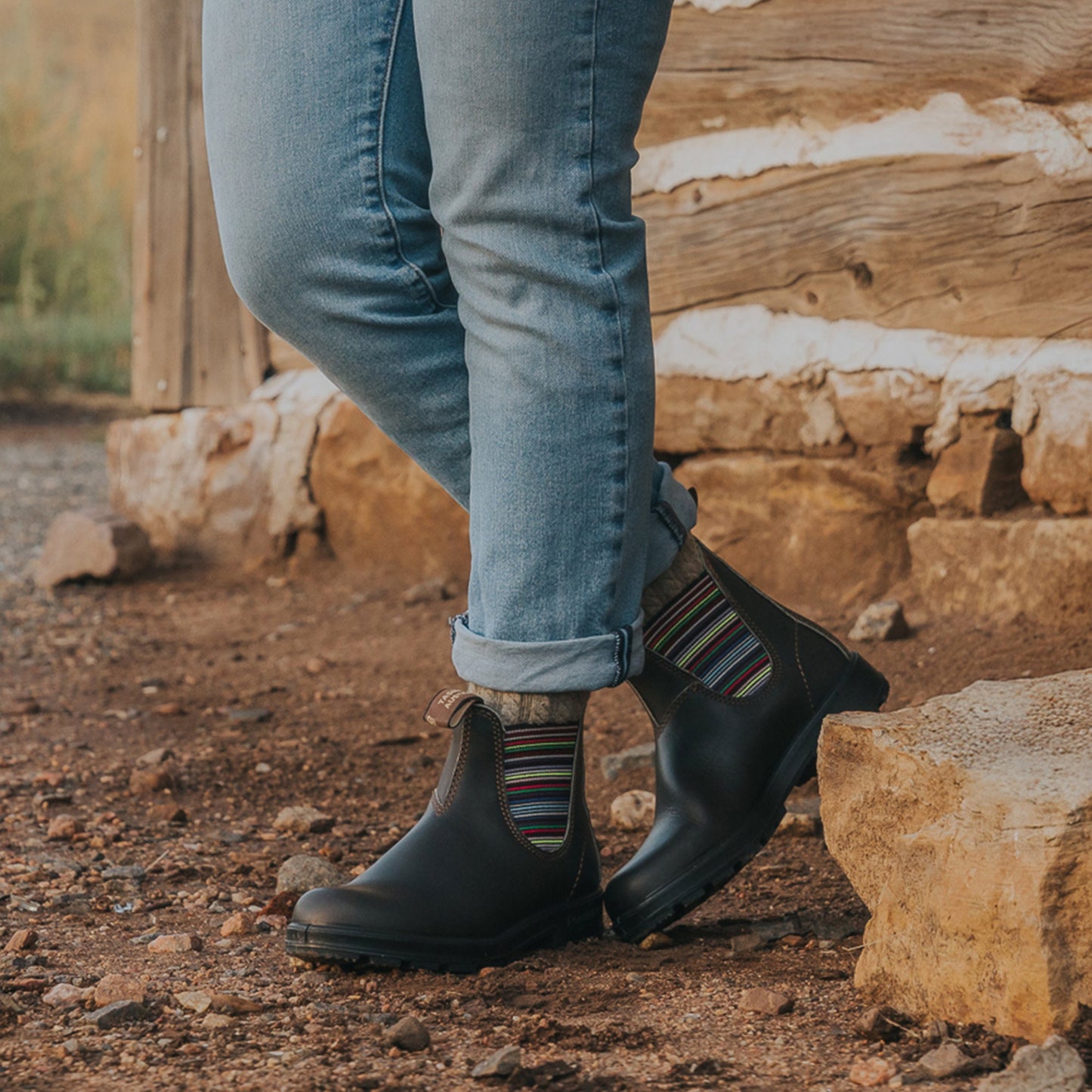 Blundstone Women's Originals #1409 Chelsea boots in brown leather with multicolored striped elastic sides