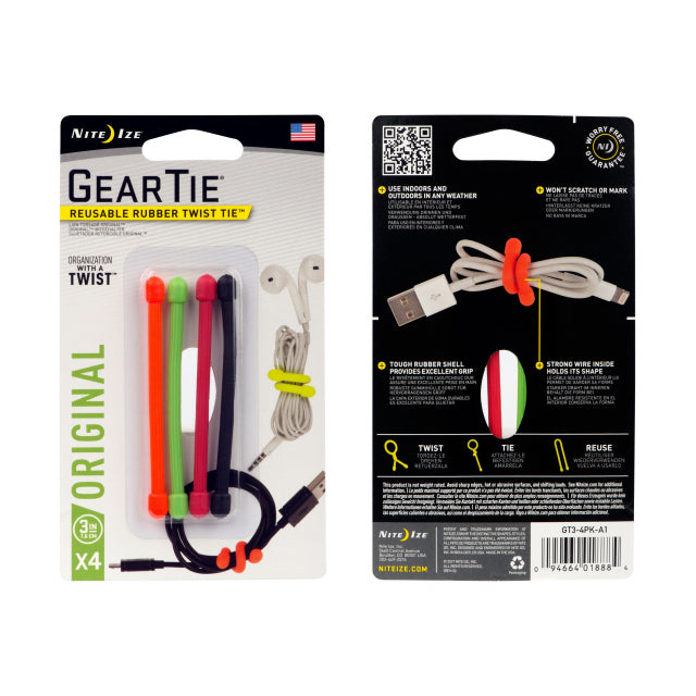 Gear Tie Reusable Rubber Twist Tie 3 in. - 4 Pack